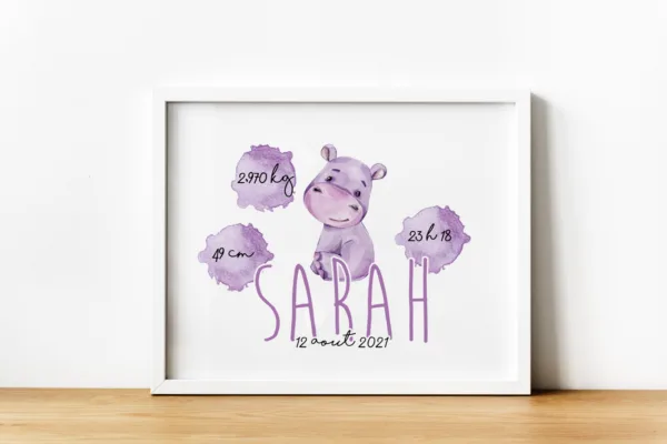 Affiche naissance aquarelle Hippo