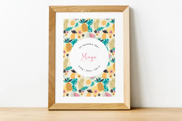 Affiche naissance Ananas et feuilles