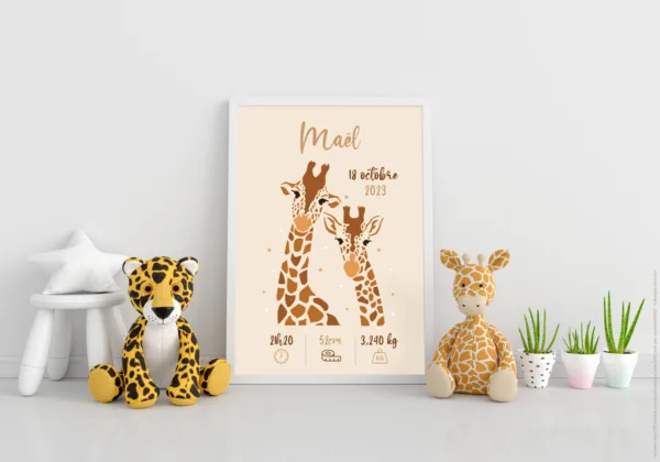 Affiche naissance Maman Bébé Girafe Maël