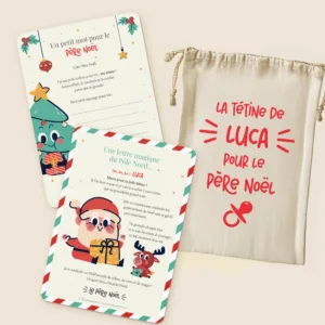 Kit tétine Père Noël personnalisé avec sac en coton et deux cartes illustrées