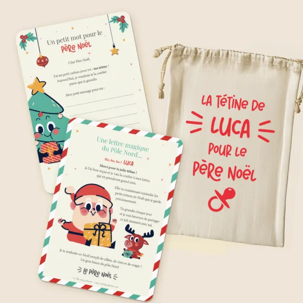 Kit tétine Père Noël personnalisé avec sac en coton et deux cartes illustrées